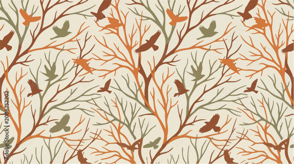 Fototapeta premium Autumn Seamless Pattern with Flying Birds and Bare Branches