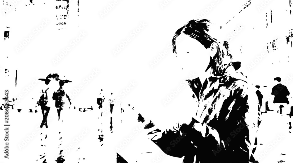 Obraz premium Urban street art style portrait of a woman in motion, high contrast black and white.