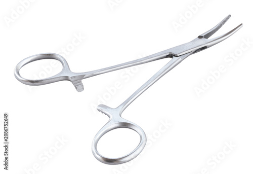 Curved clamp on a hemostate open in a studio shot