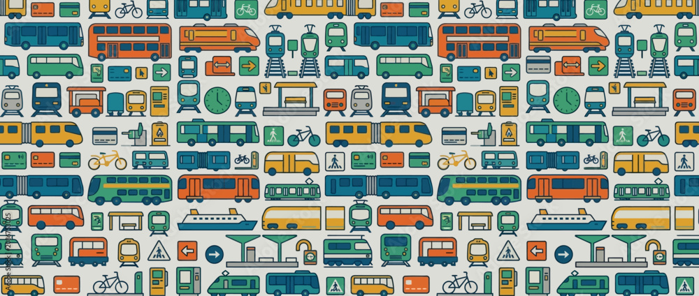 Fototapeta premium Seamless Pattern of Public Transport Icons: Buses, Trains, Trams, Bikes, Ferries