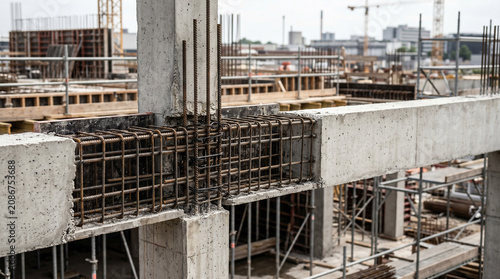 Construction site with reinforced concrete beams and scaffolding