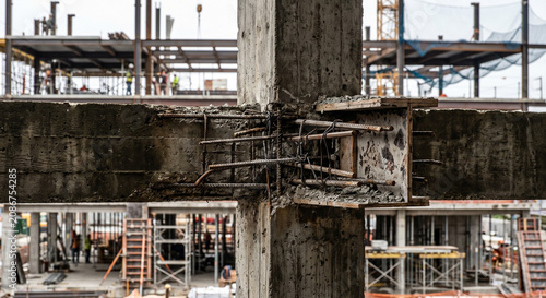 Close-up of weathered steel beam intersection at construction site