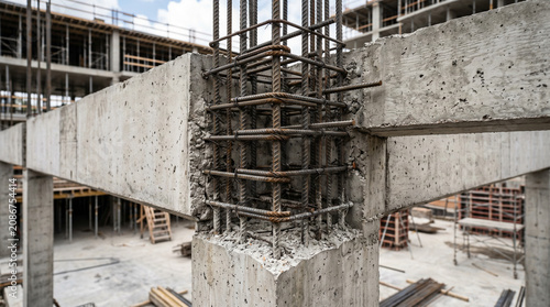 Construction site with exposed rebar and concrete beams