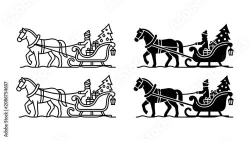 Foto Christmas Sleigh Ride: A festive scene depicting a horse-drawn sleigh carrying a person and a Christmas tree, symbolizing holiday cheer and winter traditions