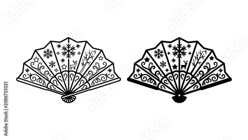 Winter Pattern Folding Fan: Two intricately designed folding fans adorned with delicate winter patterns, including snowflakes and branches, ready to add a touch of frosty elegance.