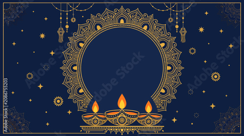 Luxury golden Diwali background with three diyas and mandala circle frame