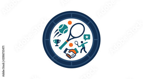 Tableau sur toile Flat vector tennis club emblem with racket ball and sportsmanship icons