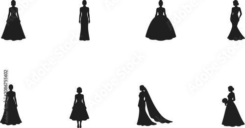 Foto Elegant Bridal and Evening Gown Silhouette Icon Set with Wedding Dresses, Formal