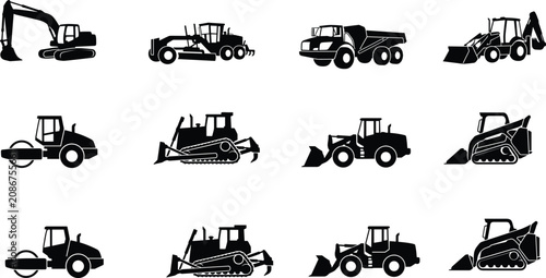 Cuadro en lienzo Heavy Construction Equipment Silhouette Collection Featuring Excavator Bulldozer