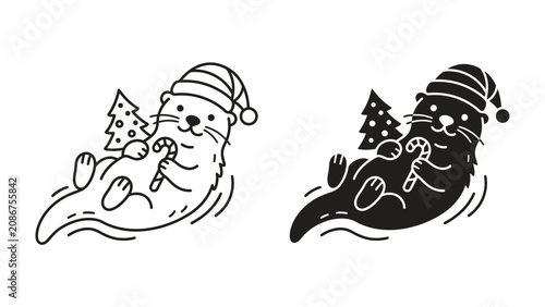 Fotografía Christmas Otter Illustration: A cute illustrated otter wearing a Santa hat floats joyfully, holding a candy cane and a small Christmas tree, depicted in both line art and silhouette styles