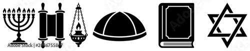 Fotografie Judaism religious symbols including menorah and torah in flat style