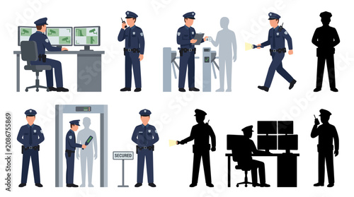 Photos Set of vector collection featuring different security guard poses, monitoring su