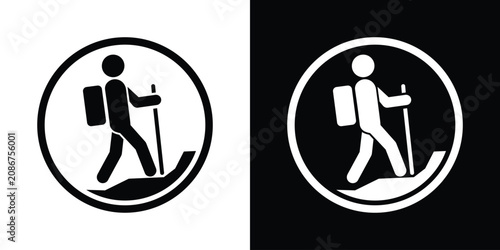 Foto Hiker trekking uphill with backpack icon enclosed in a circular frame