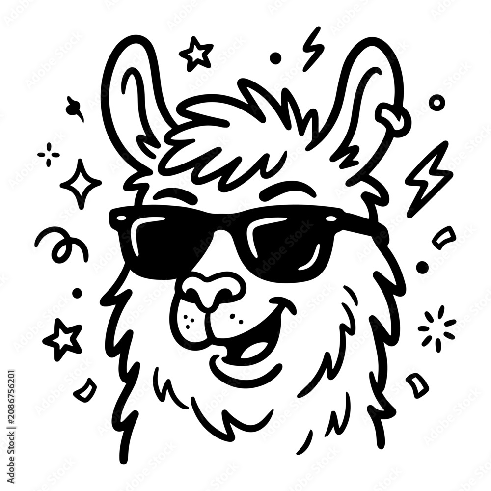 Fototapeta premium Cool llama character with sunglasses in fun doodle style