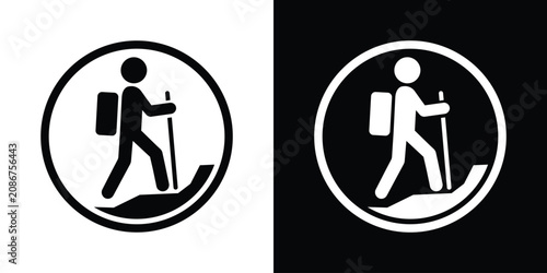 Fotografie Hiker trekking uphill with backpack icon enclosed in a circular frame