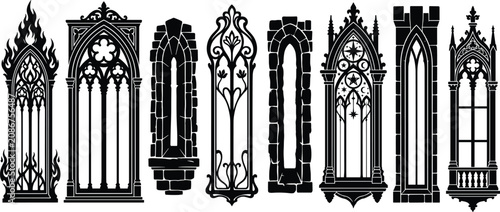 Photos Ornate Gothic window silhouettes, cathedral tracery vector, medieval architectur
