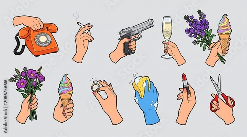 Hands Holding Various Objects Pop Art Illustration Set