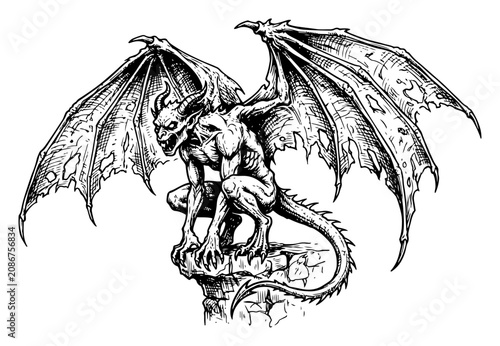 Gargoyle demon with wings perched on stone in vintage engraving style