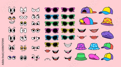 Retro Cartoon Face Elements and Accessories Set