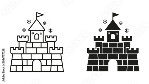 Tableau sur toile Castle Illustration: Two stylized illustrations of a medieval castle, one in outline and the other solid black, with flags atop towers and subtle snowflake accents