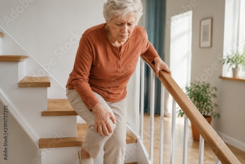 Elderly woman holding her knee in pain while climbing stairs at home. Concept of arthritis and joint pain in old age. Difficulty with mobility and stairs