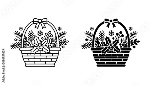 Schilderij op canvas Christmas Basket Icons: A delightful set of two icons featuring a woven basket filled with festive Christmas foliage like holly, pine needles, and berries