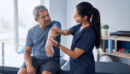 Woman physiotherapist examining arm of senior man. Physical therapy session for elderly patient suffering from joint pain and arthritis