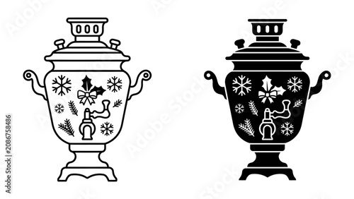 Cuadro en lienzo Samovar Duo: A stylized illustration presents two samovars, one outlined and the other in silhouette, both adorned with festive winter motifs, symbolizing warmth and tradition