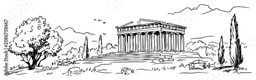 Fotografía Ancient Greek temple Parthenon ruins with cypress and olive trees in panoramic h