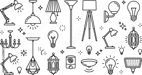 Tableau sur toile Home lighting lamp icon set with desk floor pendant chandelier bulb lantern line