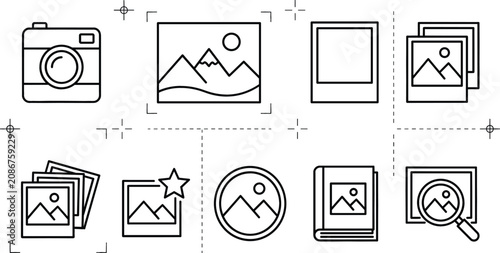 Photo album icon set with camera landscape polaroid picture frame search line art vector outline illustration elements design