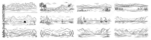 Natural landscape elements and scenic views collection featuring mountains lakes and coastlines in hand drawn sketch style