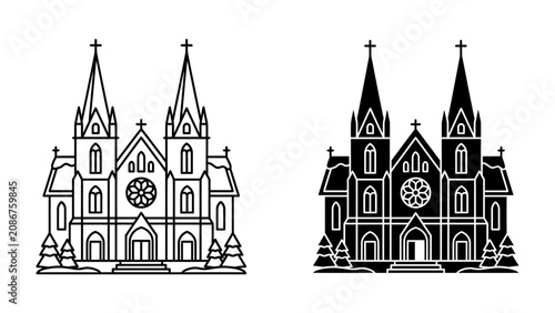 Tableau sur toile Gothic Church Illustration: A stylized depiction of a grand gothic church with two towering spires and intricate architectural details, presented in both outline and silhouette form