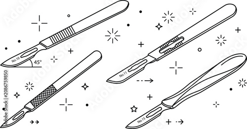 Canvas Print Surgical scalpel set with medical blades knife equipment line art vector outline