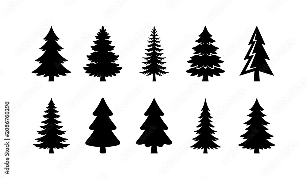 Fototapeta premium Christmas trees collection isolated on white background, black pine spruce silhouette icons set, festive evergreen forest symbols, traditional holiday tree shapes for greeting cards web graphic.