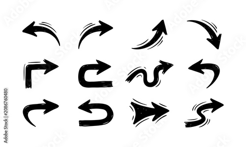Collection of hand drawn arrow doodle style set isolated on white background for creative design elements showing direction rough pencil lines artistic pointing signs graphic shapes for web icons.