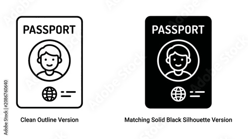 Bild auf Leinwand Passport Icon Set: Two stylized icons represent a passport, one in a clean outline and the other as a solid black silhouette, featuring a person's photo, a globe, and identification lines