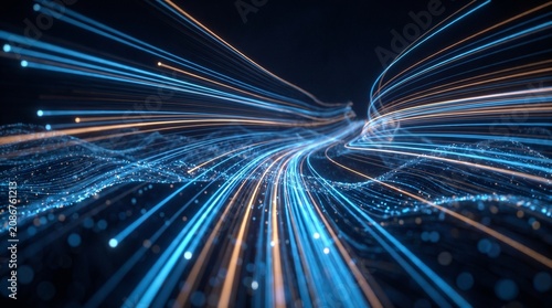 Abstract blue data stream flowing through digital space with glowing particles and light trails, big data analytics technology background, idea for network communication design