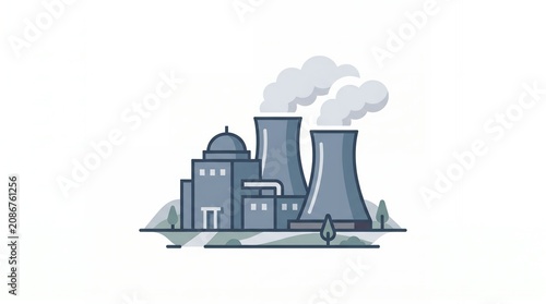 Industrial Power Plant with Cooling Towers and Factory Buildings in Modern Illustration