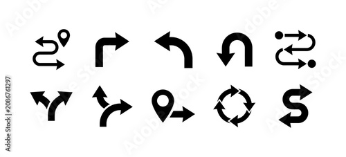 Road navigation arrow icon set featuring diverse directional symbols for travel mapping location markers circular loops winding paths split signs turn indicators pointer guidance map routing designs.