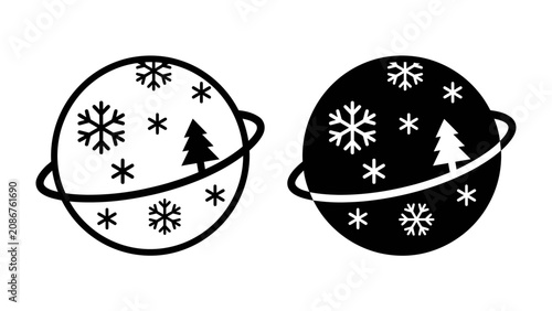 Photos Winter Planet Icon Set: A stylized representation of a planet with a winter theme, featuring snowflakes and a solitary pine tree, encircled by a subtle ring