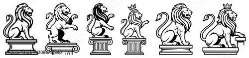 Schilderij op canvas Heraldic lion sitting on classical architectural columns set in line art vector