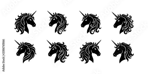 Φωτογραφία Unicorn head silhouette set, mystical creature with a single horn, flowing mane and beard, in various stylish ornate designs, isolated on white