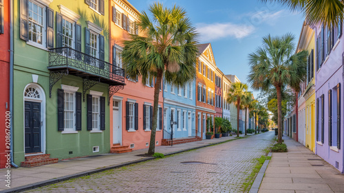Colorful historic row houses with palm trees lining a cobblestone street in Charleston South Carolina Keywords: Charleston, South Carolina, historic district, Rainbow