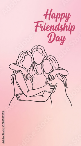 Minimal line art illustration of friends embracing with Happy Friendship Day message on a soft pink background, symbolizing togetherness, support, unity, kindness, love and lasting friendship