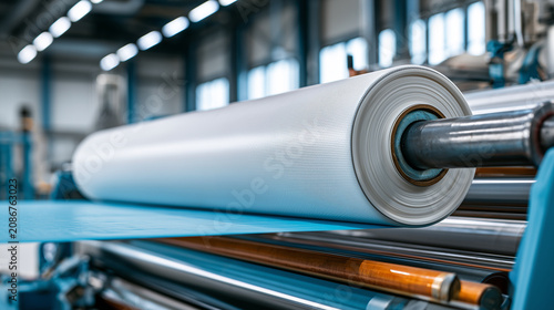Large industrial roll of nonwoven fabric on automated production line in modern textile manufacturing factory	
