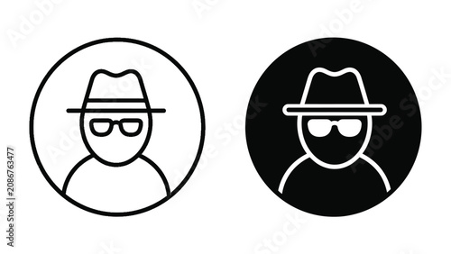 Schilderij op canvas Spy Icon: A stylized illustration of a mysterious figure wearing a fedora hat and sunglasses, presented in both white-on-black and black-on-white circular icons, symbolizing anonymity and intrigue