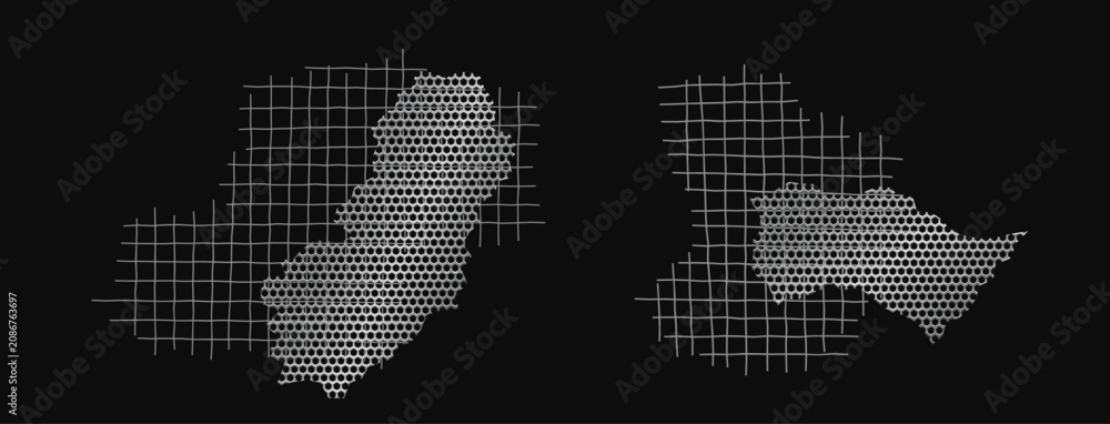 Fototapeta premium Set of torn metal steel grid vector elements on black background. Silver mesh fragments with ripped edges, grunge texture, strips, frames, and rough patches