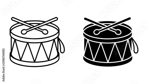 Photography Drum with Drumsticks: Two simple line art illustrations of a drum and drumsticks, one in black and white outline and the other as a black silhouette