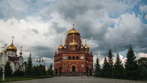 Our Lady of Kazan Cathedral, a timelapse of fast-moving clouds over the church in Orenburg	